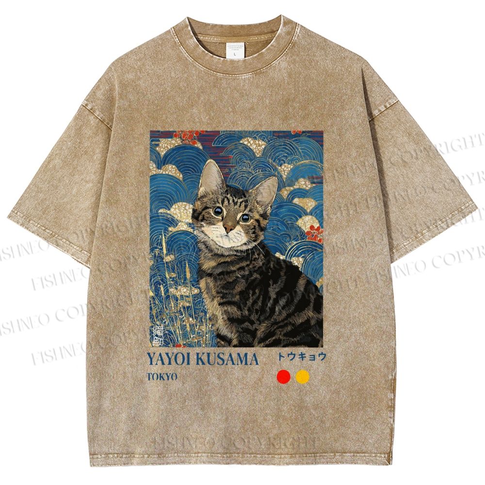 Unisex Kusama-Style Tabby Cat Printed Washed Tee
