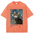Unisex Kusama-Style Tabby Cat Printed Washed Tee