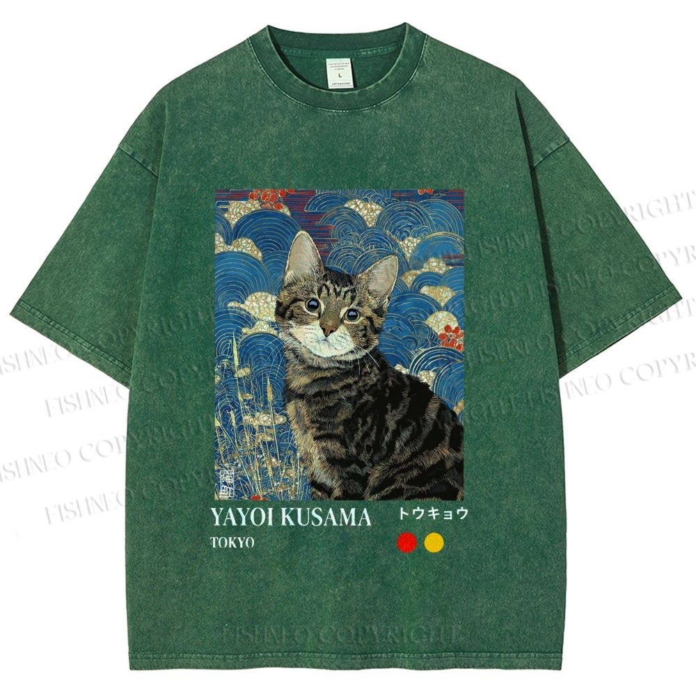 Unisex Kusama-Style Tabby Cat Printed Washed Tee