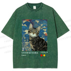 Unisex Kusama-Style Tabby Cat Printed Washed Tee