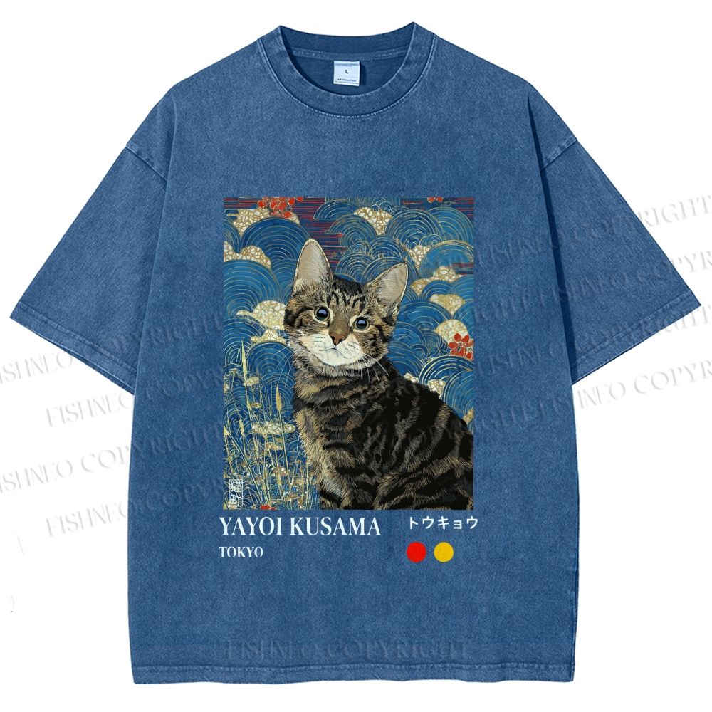 Unisex Kusama-Style Tabby Cat Printed Washed Tee