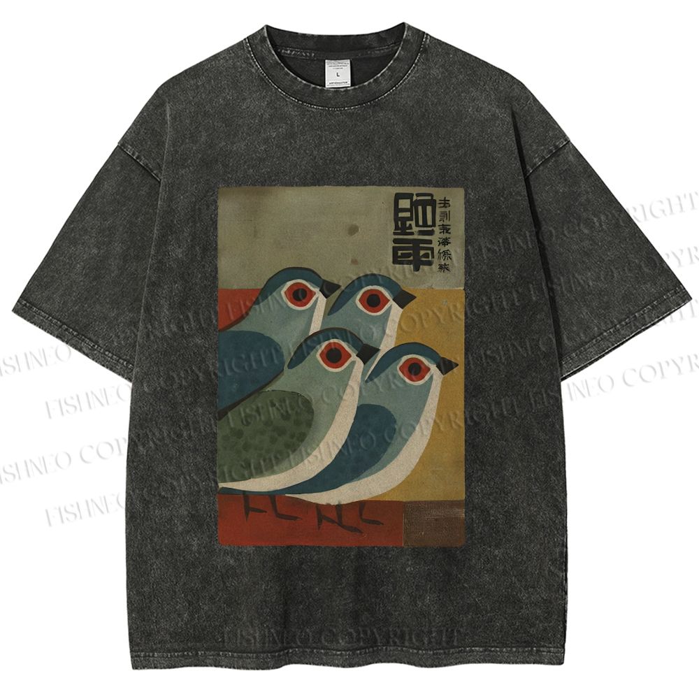 Unisex Four Blue Birds Woodblock Printed Washed Tee