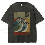 Unisex Four Blue Birds Woodblock Printed Washed Tee