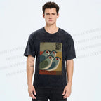 Unisex Four Blue Birds Woodblock Printed Washed Tee