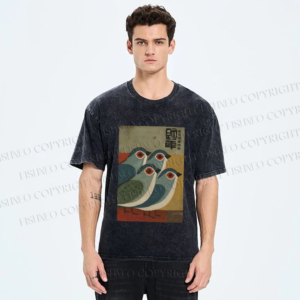 Unisex Four Blue Birds Woodblock Printed Washed Tee