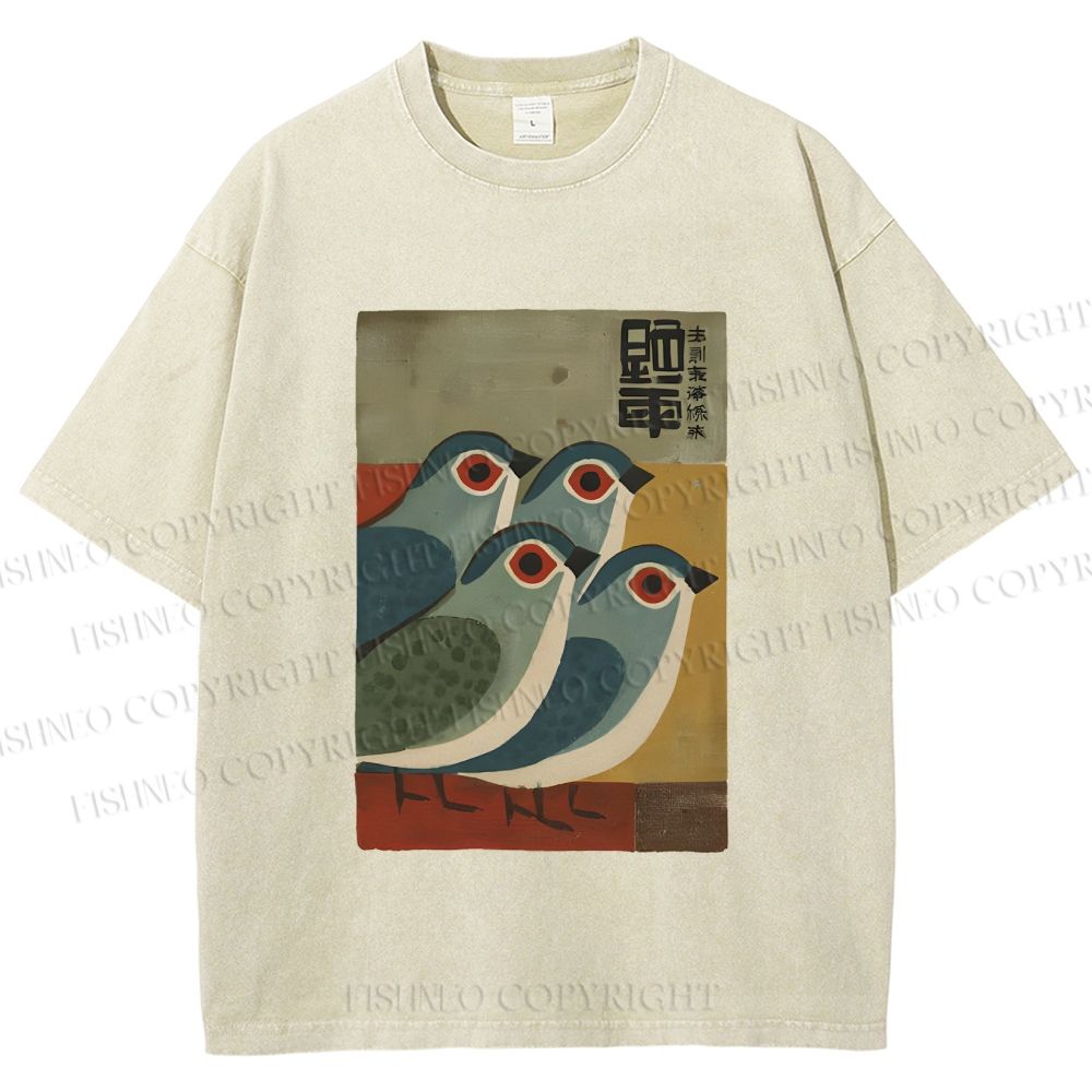 Unisex Four Blue Birds Woodblock Printed Washed Tee