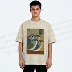 Unisex Four Blue Birds Woodblock Printed Washed Tee