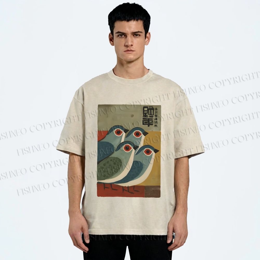 Unisex Four Blue Birds Woodblock Printed Washed Tee