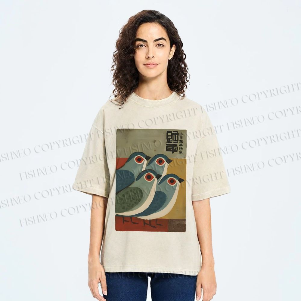 Unisex Four Blue Birds Woodblock Printed Washed Tee
