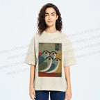 Unisex Four Blue Birds Woodblock Printed Washed Tee
