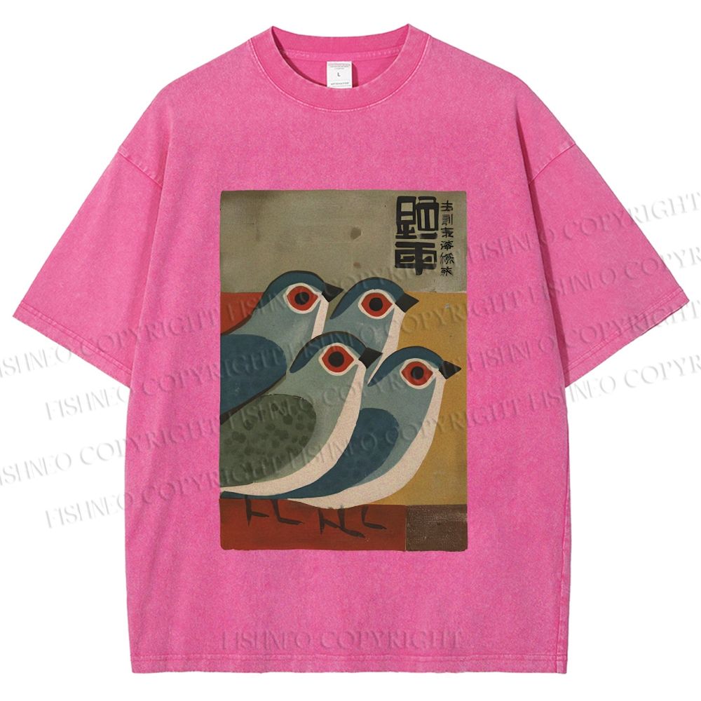 Unisex Four Blue Birds Woodblock Printed Washed Tee