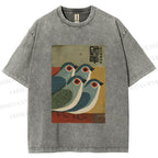 Unisex Four Blue Birds Woodblock Printed Washed Tee