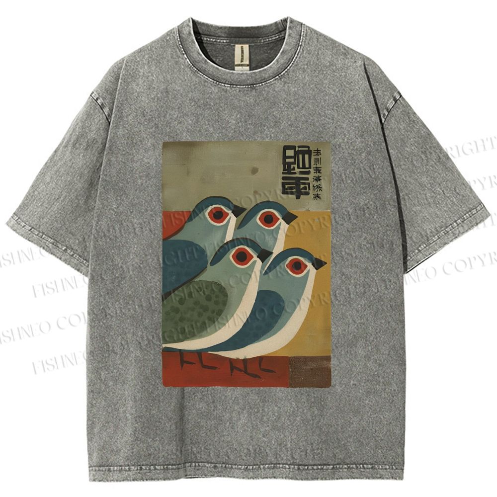 Unisex Four Blue Birds Woodblock Printed Washed Tee