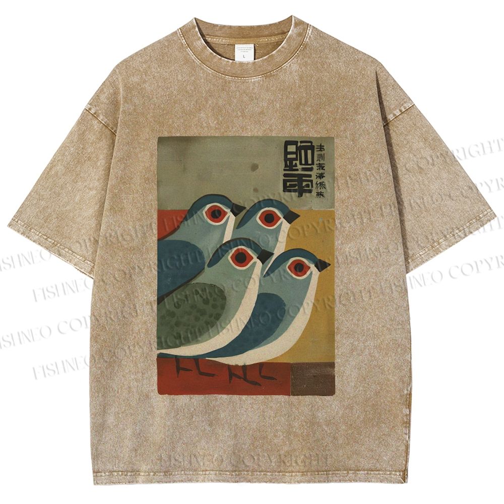 Unisex Four Blue Birds Woodblock Printed Washed Tee