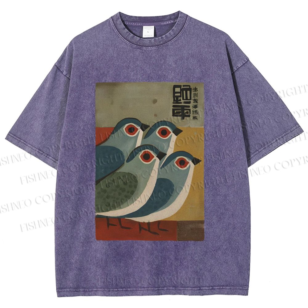 Unisex Four Blue Birds Woodblock Printed Washed Tee