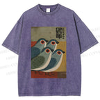 Unisex Four Blue Birds Woodblock Printed Washed Tee