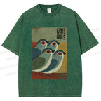 Unisex Four Blue Birds Woodblock Printed Washed Tee