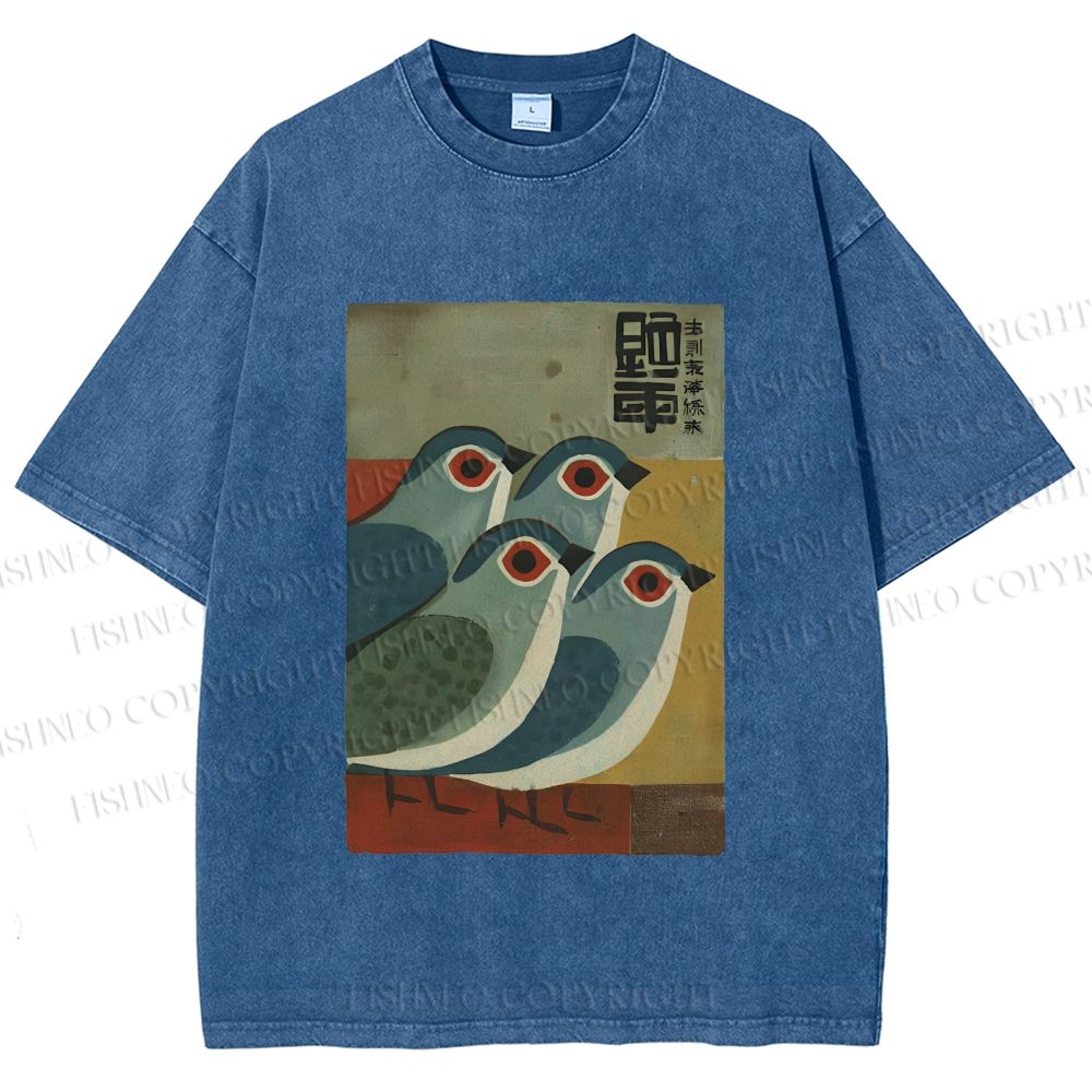 Unisex Four Blue Birds Woodblock Printed Washed Tee