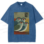Unisex Four Blue Birds Woodblock Printed Washed Tee