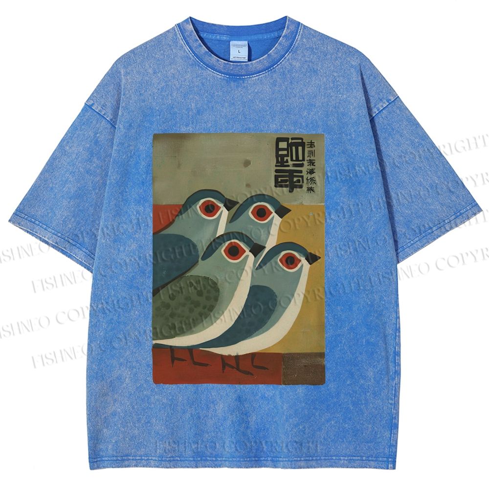 Unisex Four Blue Birds Woodblock Printed Washed Tee