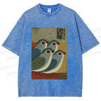 Unisex Four Blue Birds Woodblock Printed Washed Tee