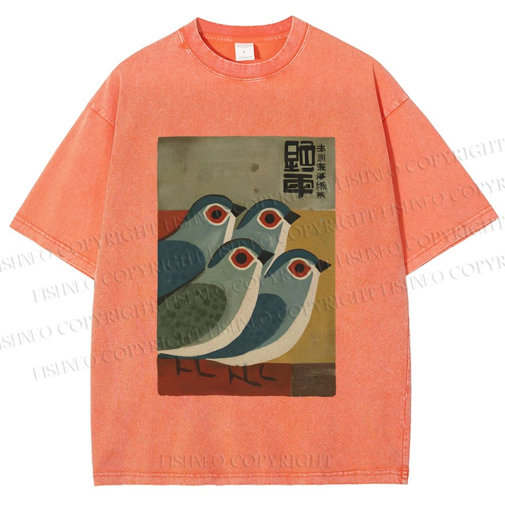 Unisex Four Blue Birds Woodblock Printed Washed Tee