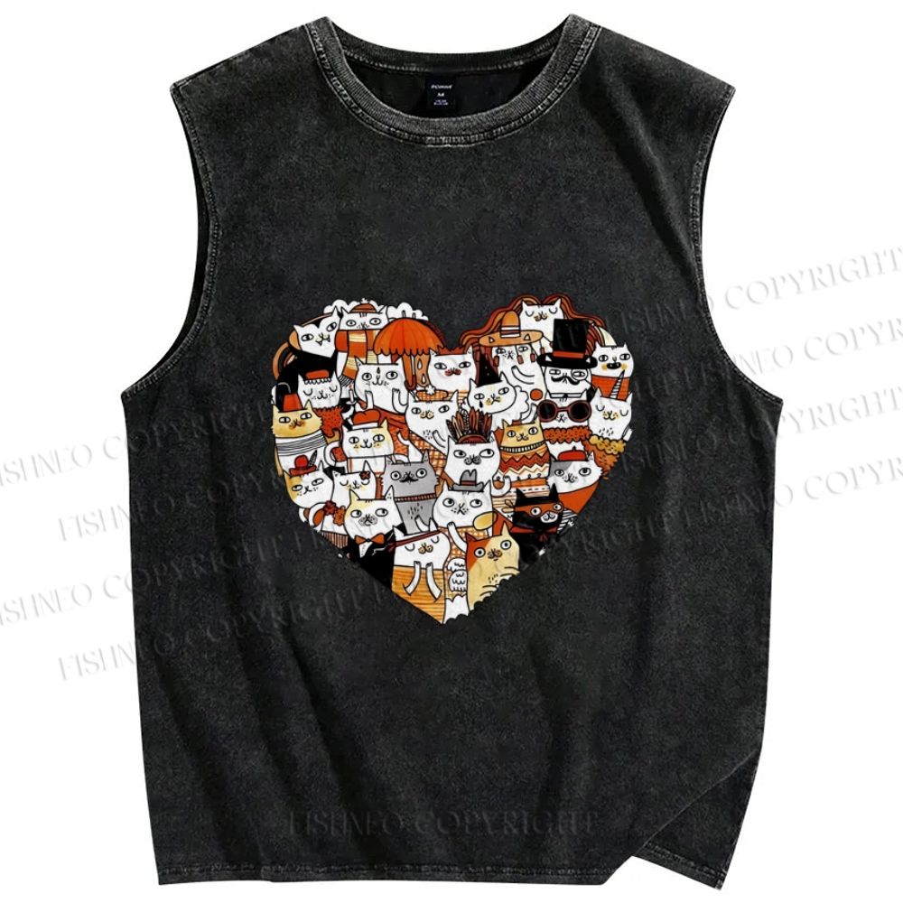 Unisex Cats in Heart Printed Washed Tank Top