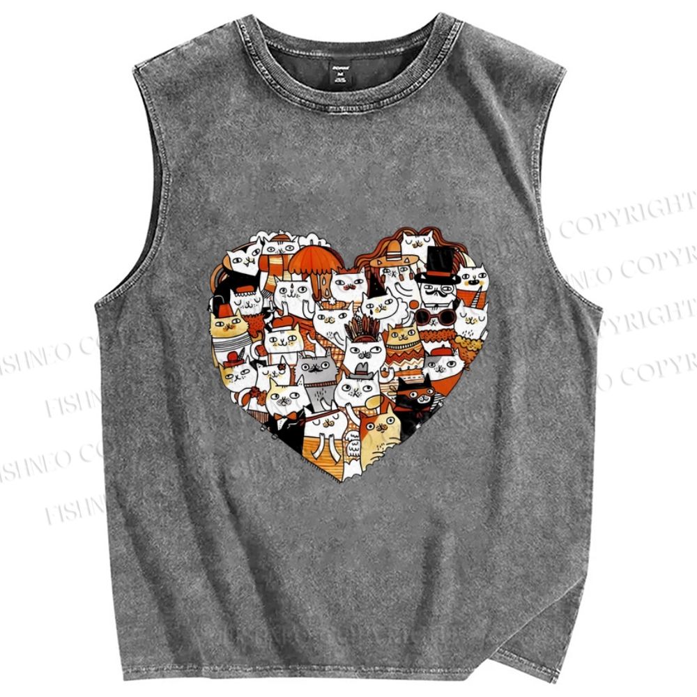 Unisex Cats in Heart Printed Washed Tank Top