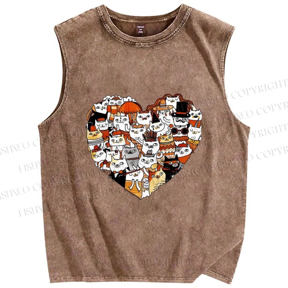 Unisex Cats in Heart Printed Washed Tank Top