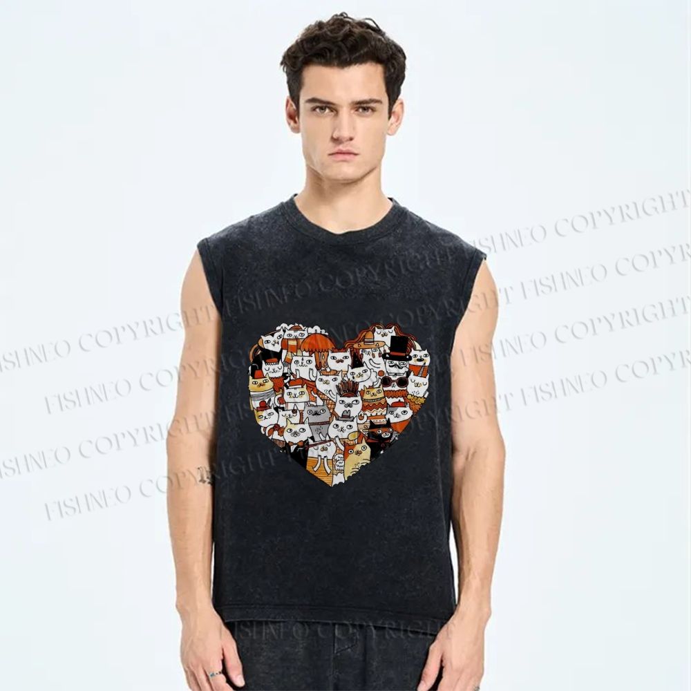 Unisex Cats in Heart Printed Washed Tank Top