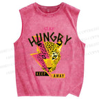Unisex Stay Hungry Panther Printed Washed Tank Top