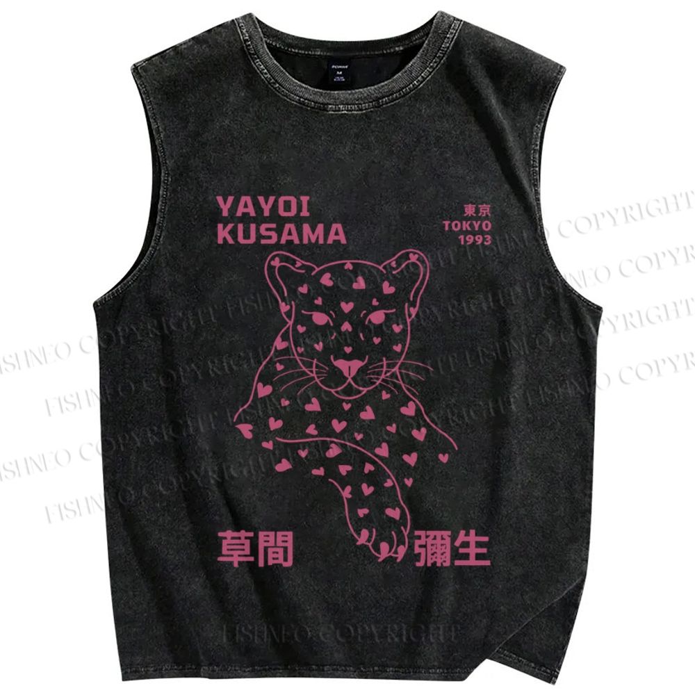 Unisex Yayoi Kusama Panther Hearts Printed Washed Tank Top