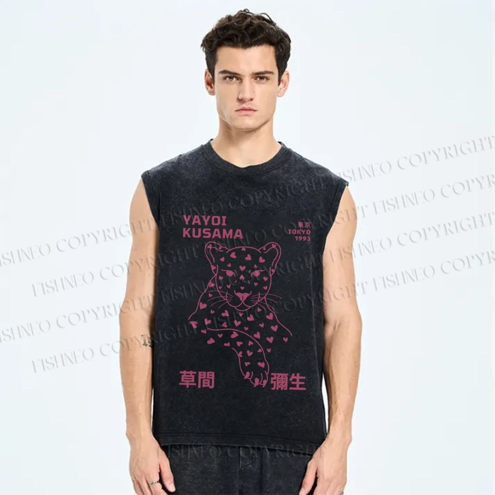 Unisex Yayoi Kusama Panther Hearts Printed Washed Tank Top