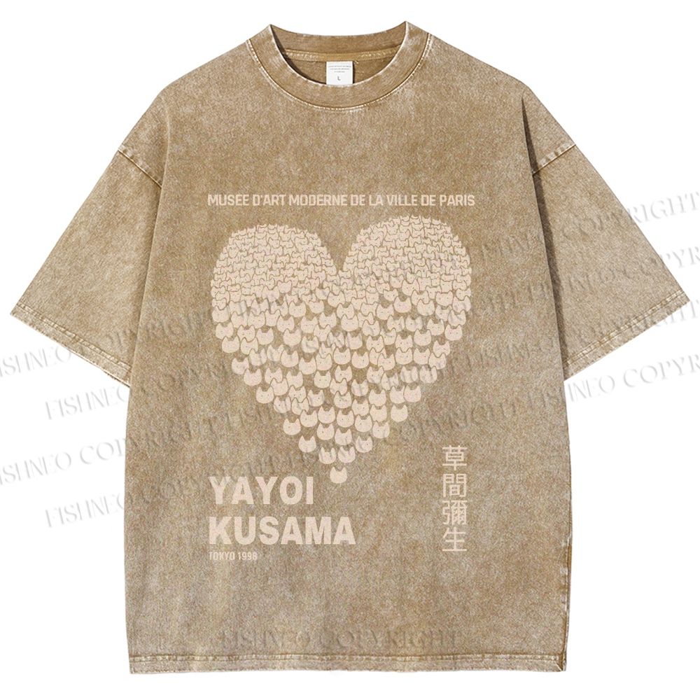 Unisex Yayoi Kusama Cats Love Heart Printed Washed Tee