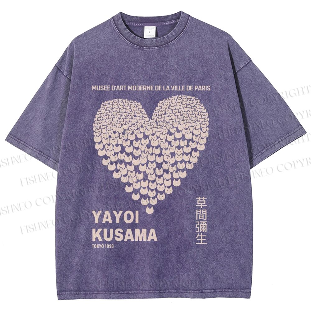 Unisex Yayoi Kusama Cats Love Heart Printed Washed Tee