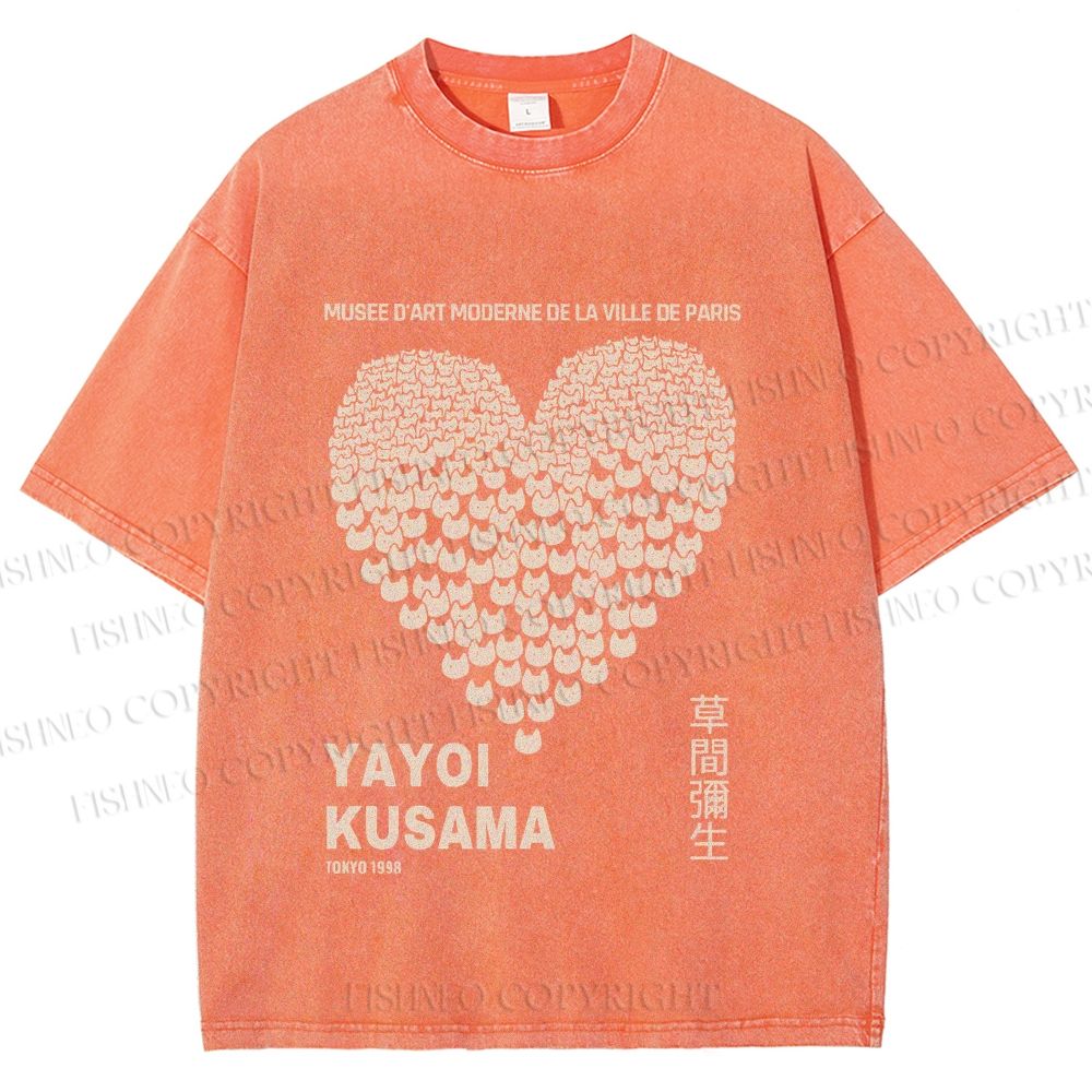 Unisex Yayoi Kusama Cats Love Heart Printed Washed Tee