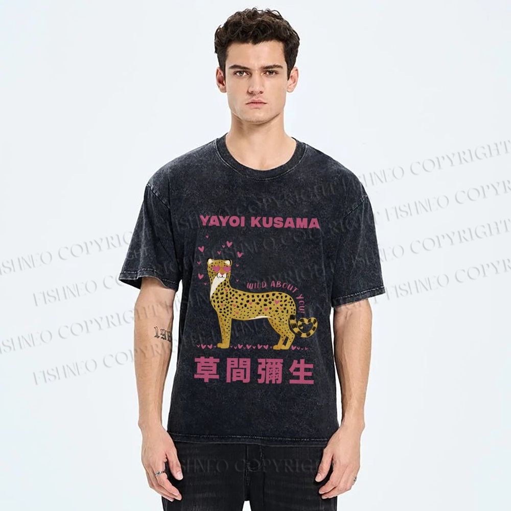 Unisex Yayoi Kusama Funny Panther in Love Printed Washed Tee