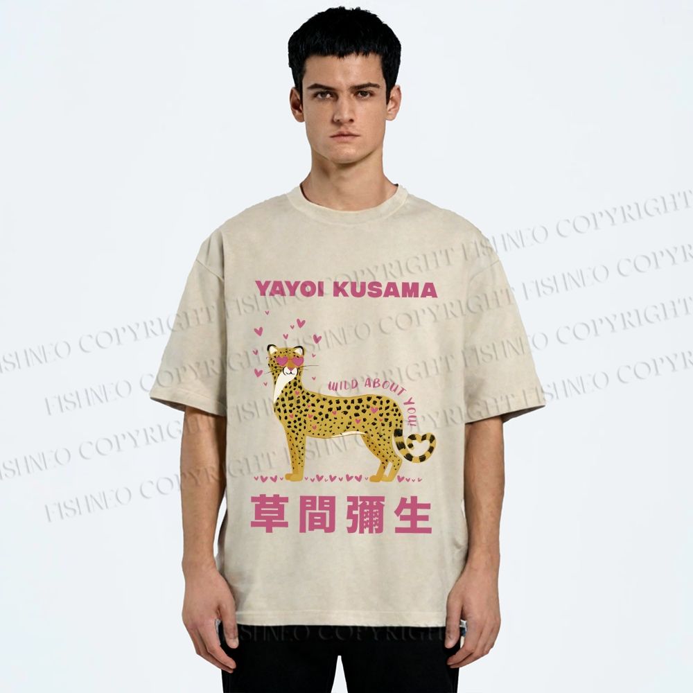 Unisex Yayoi Kusama Funny Panther in Love Printed Washed Tee