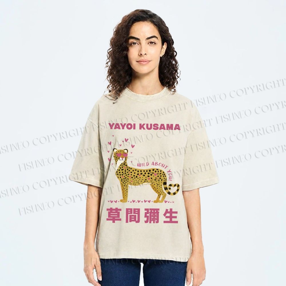 Unisex Yayoi Kusama Funny Panther in Love Printed Washed Tee
