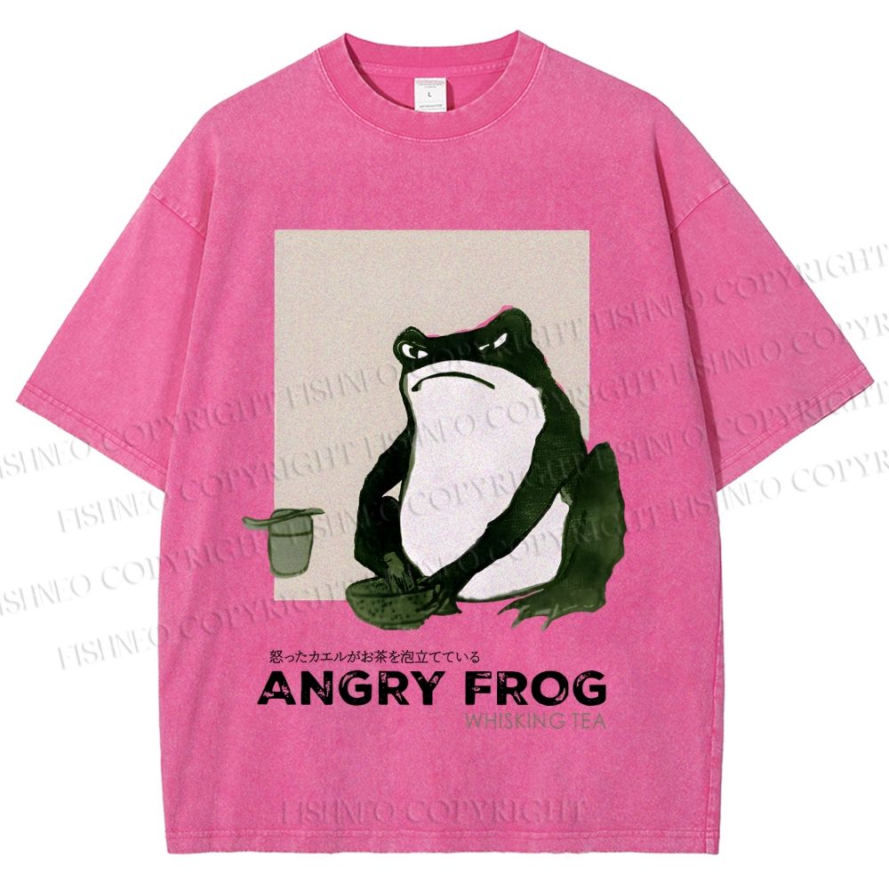 Unisex Japanese Angry Frog Printed Washed Tee