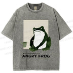 Unisex Japanese Angry Frog Printed Washed Tee