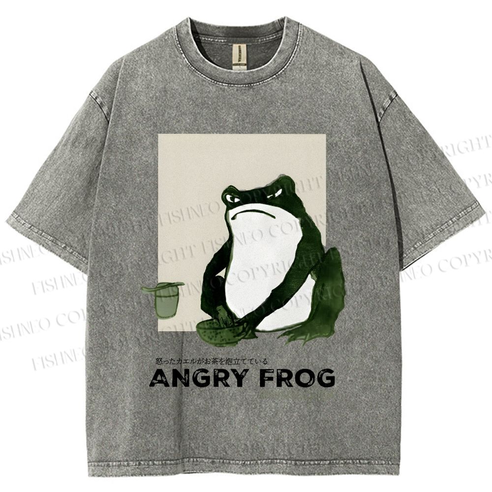 Unisex Japanese Angry Frog Printed Washed Tee