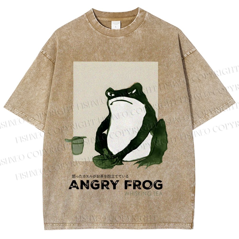 Unisex Japanese Angry Frog Printed Washed Tee