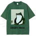 Unisex Japanese Angry Frog Printed Washed Tee