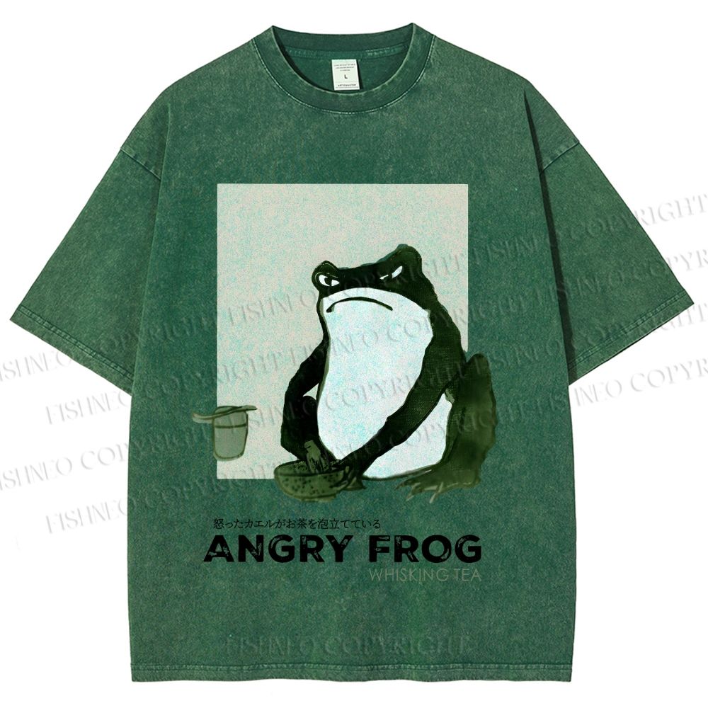 Unisex Japanese Angry Frog Printed Washed Tee