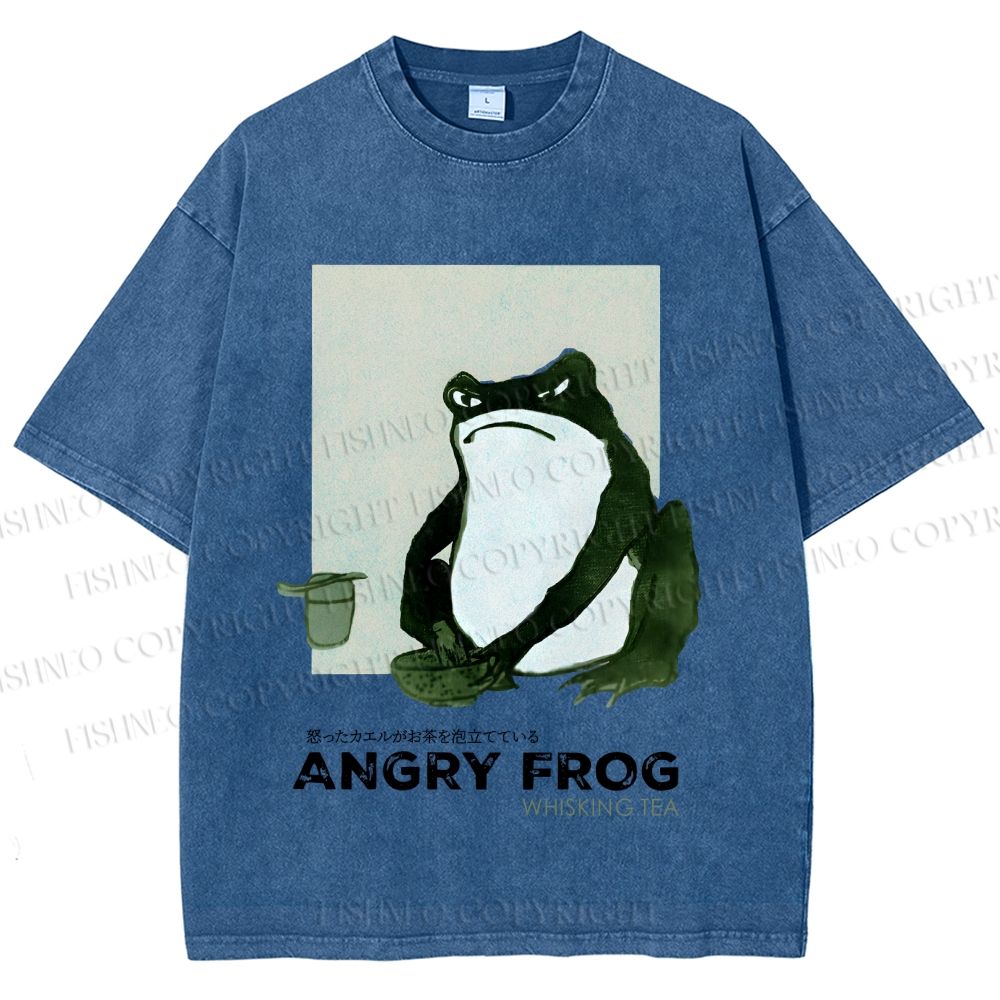 Unisex Japanese Angry Frog Printed Washed Tee