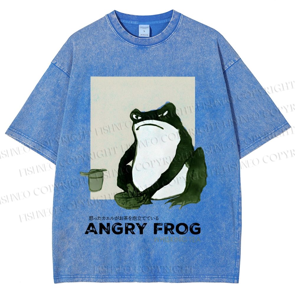 Unisex Japanese Angry Frog Printed Washed Tee