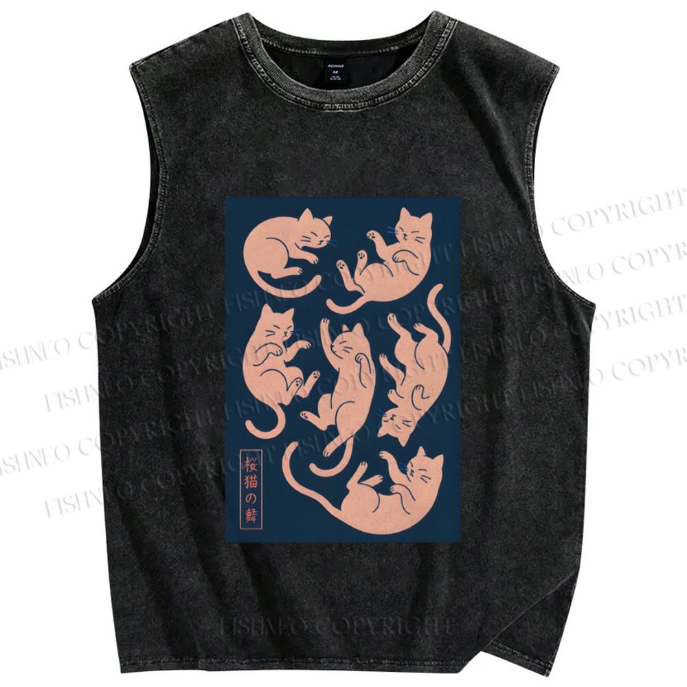 Unisex Dancing Cat Printed Washed Tank Top