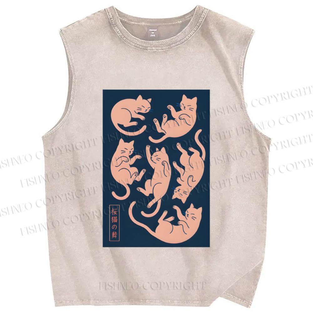 Unisex Dancing Cat Printed Washed Tank Top
