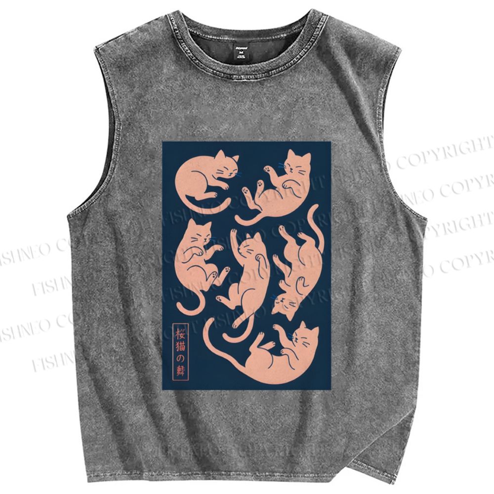 Unisex Dancing Cat Printed Washed Tank Top